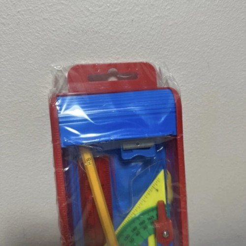 Geometric instrument set new with compass, ruler, pencil, eraser, sharpener