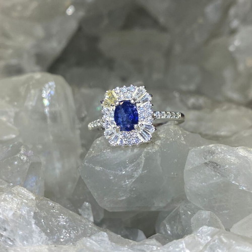 Handmade silver ring with natural blue sapphire and moissanites size 9