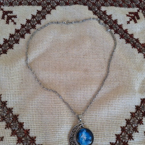 Moon necklace new, silver and blue with universe design