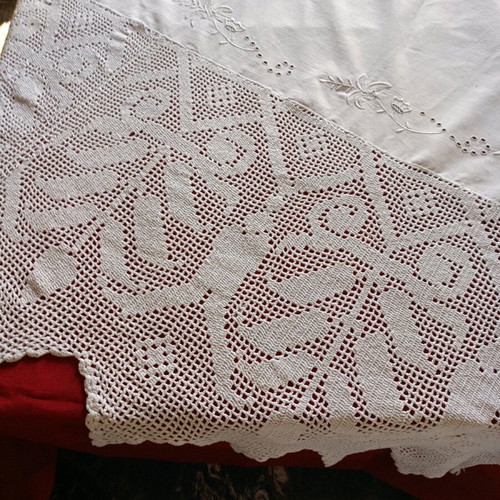 White handmade curtain with wide lace and appliqué embroidery new