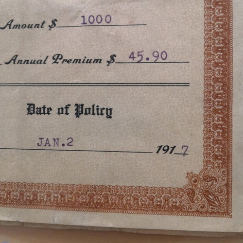 Life insurance policy used, 20 years, collectible from 1917