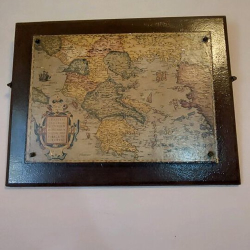 Wooden vintage board used with decorative map of Europe