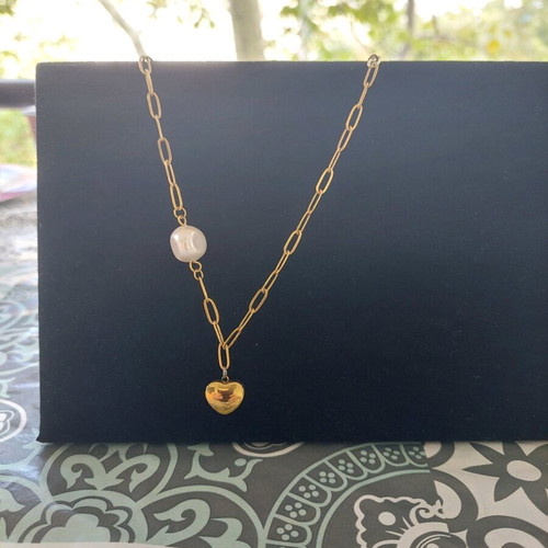 Steel necklace with heart and pearl, like new