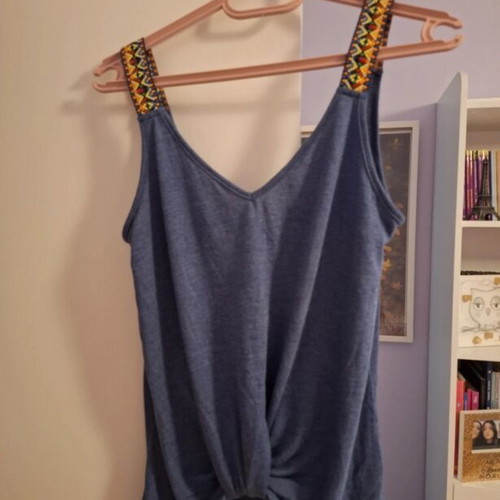 Shein sleeveless blouse with patterned straps, blue, size M