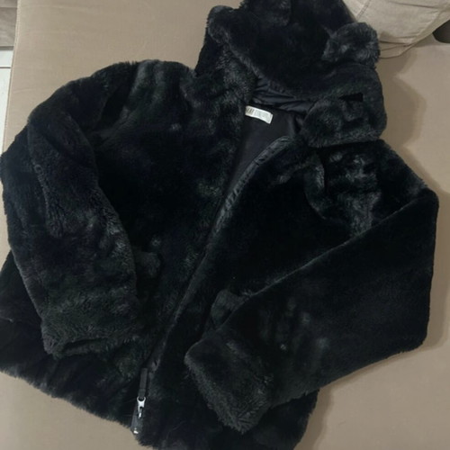 H&M fur jacket with hood and ears, black, like new, 10-12 years