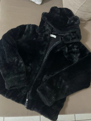 H&M fur jacket with hood and ears, black, like new, 10-12 years