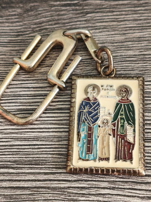 Saints Raphael Nikolaos Eirini religious keychain used, vintage enamel