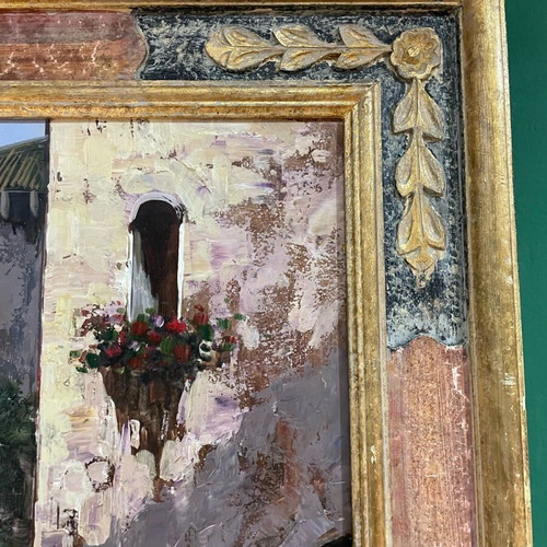 Oil painting used, embossed canal scene with handmade wooden frame