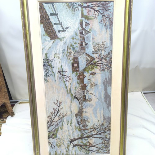 Handmade embroidery depicting snowy village, like new