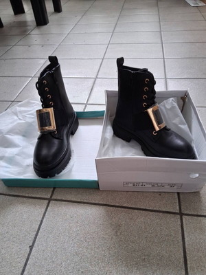 Black ankle boots with gold buckle, size 37