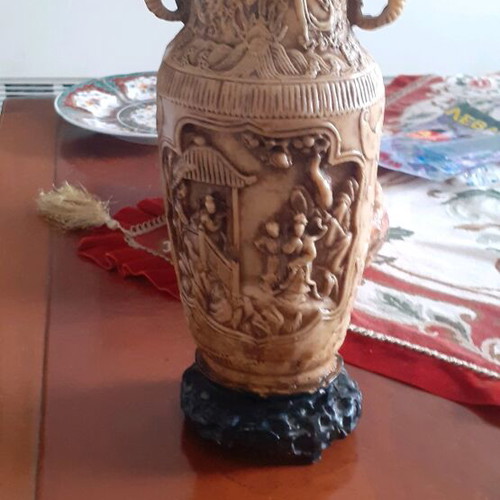 Vintage Oriental Vase with Relief Scenes and Elephant Handles like New