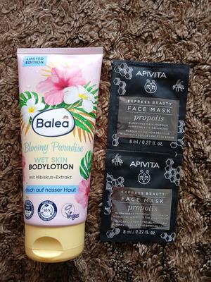 Balea Bloomy Paradise body lotion 200ml and Apivita propolis face masks double pack new