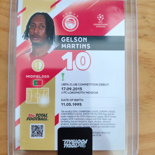 Topps Total Football Gelson Martins Olympiacos card like new, numbered 75