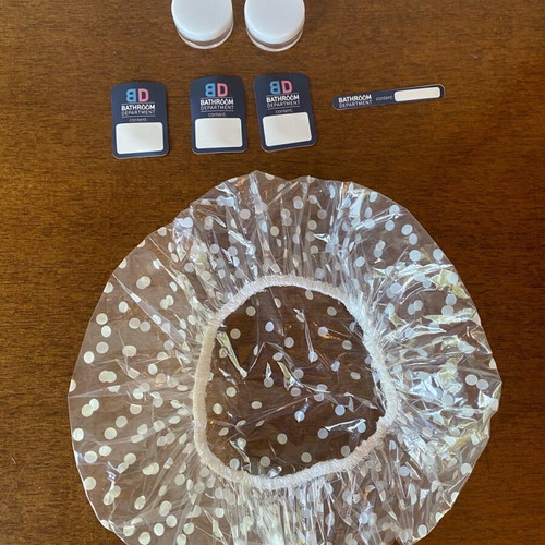 Bathroom set with shower cap, storage containers and labeling stickers
