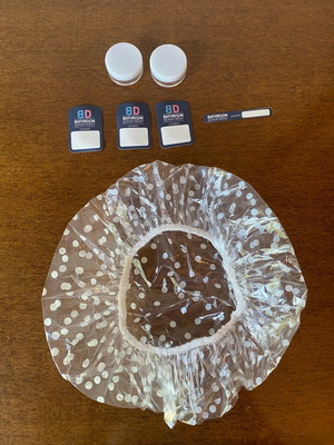 Bathroom set with shower cap, storage containers and labeling stickers