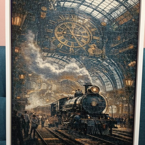 Puzzle 1000 pieces like new with white wooden frame, vintage steam train