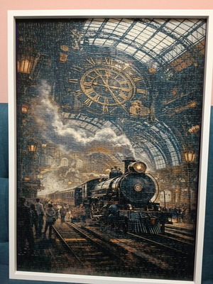Puzzle 1000 pieces like new with white wooden frame, vintage steam train
