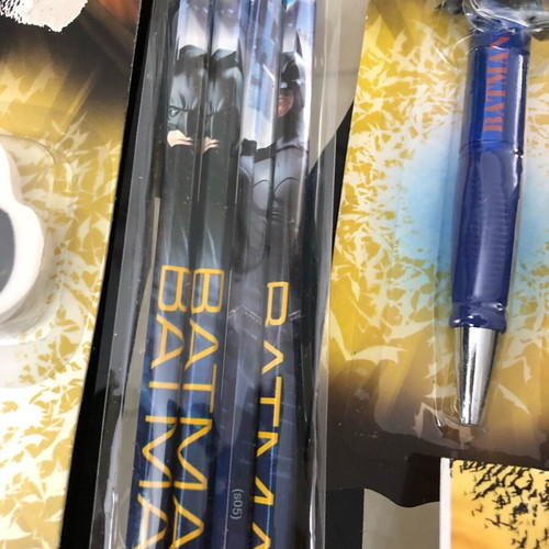 Batman Begins Movie school set with 5 pencils pen sharpener eraser and new coin purse