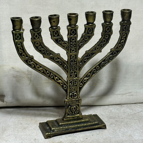 Vintage brass seven-branched menorah "Jerusalem" used, collectible candle holder