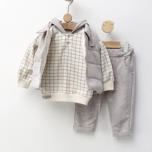 Cotton boy's set new 3-piece with hoodie blouse, pants and quilted vest