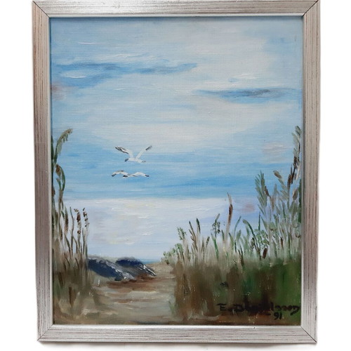 Original Oil Painting 1991 Summer Landscape with Lake and Birds