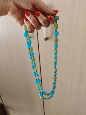 Long necklace with blue and green glass beads like new