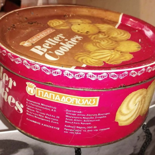 Better Cookies Papadopoulou metal box used, 1970s collectible