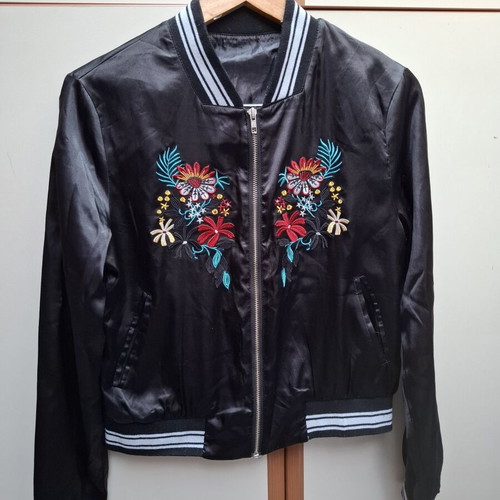 Jacket used black satin with colorful floral embroidery, size S