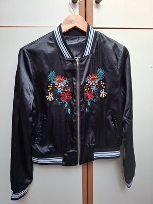 Jacket used black satin with colorful floral embroidery, size S