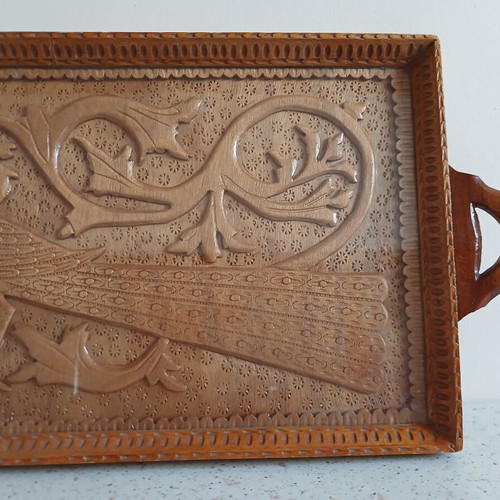 Woodcarved tray with peacock design like new