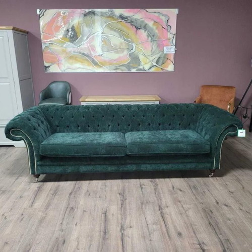 Large green Chesterfield fabric sofa new, four-seater
