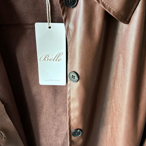 Belle leatherette jacket new, brown with black lace trim