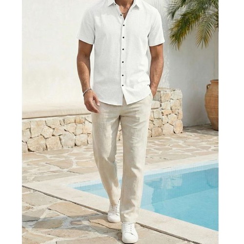 Runcati men's summer linen shirt, short sleeve, size M, white