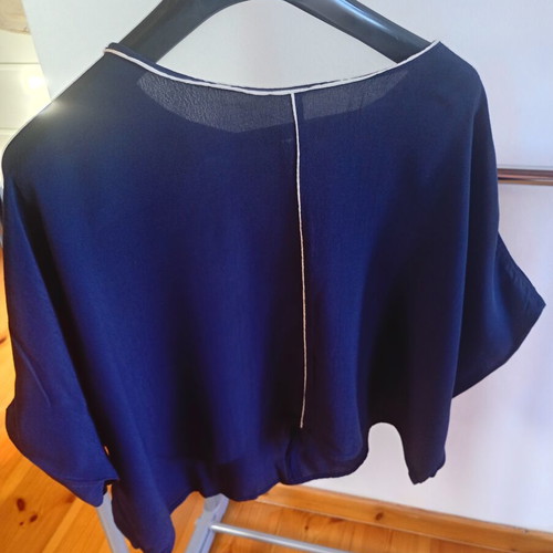 Zara cape blouse used, dark blue with white trim, batwing sleeves
