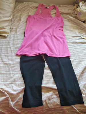 Sports set used, leggings and top, size Small, black and pink