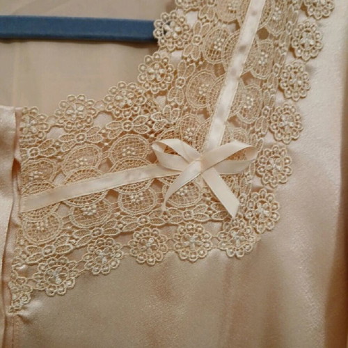 Satin pajamas new, pastel salmon with lace details, small-medium