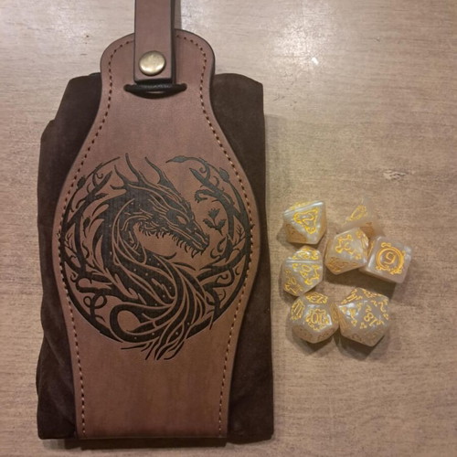 Brown leather dragon dice bag with white D&D dice