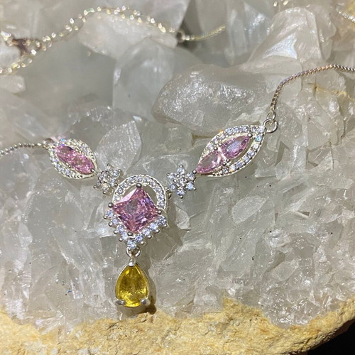 Silver Necklace with Natural Pink Tourmaline, Citrine and Moissanite