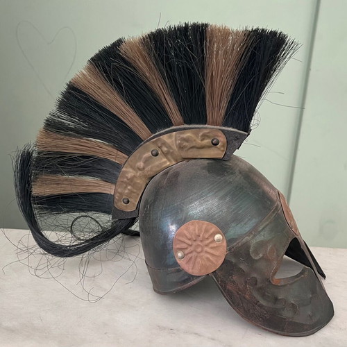 Tin helmet used with copper parts and wooden crest