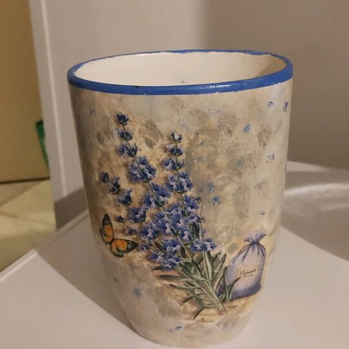 White IKEA vase painted with decoupage 20cm height