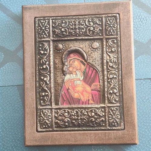 Handmade Virgin Mary icon used on canvas with 950 silver frame and wood