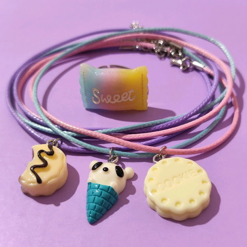 Set of 3 kids' necklaces cookies and ice cream with gift steel candy ring new