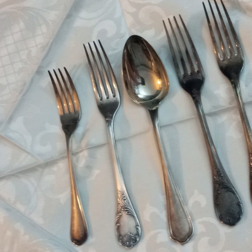 Christofle Marley silver plated forks set 44 pieces used, inox knives
