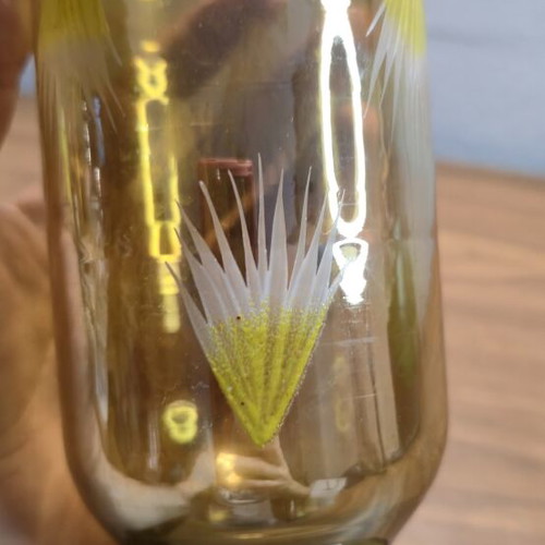Vintage glass vase amber with hand-painted flowers