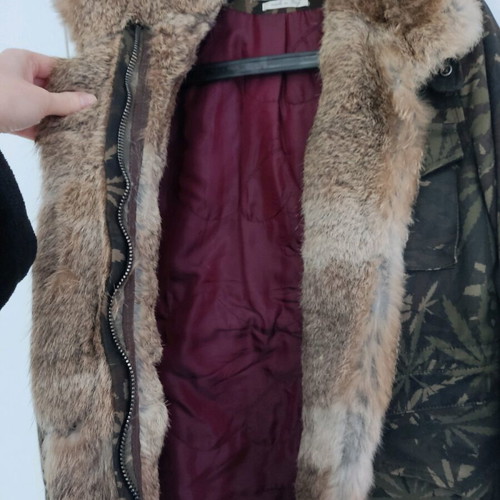 Cycle coat jacket used green khaki with natural fur collar