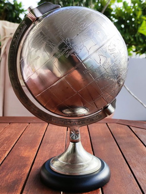 Decorative metal globe with wooden base like new