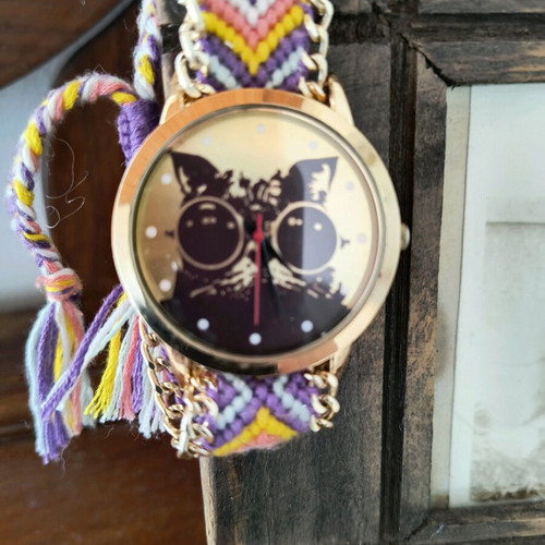 Wristwatch like new with handmade colorful strap and cat dial
