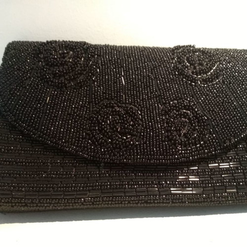 Clutch bag hand-held new with black beads and flower design
