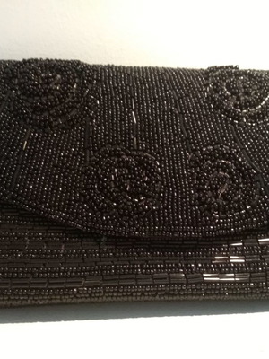 Clutch bag hand-held new with black beads and flower design