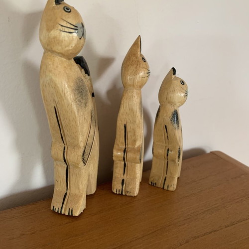 Set of three handmade wooden cat figurines new